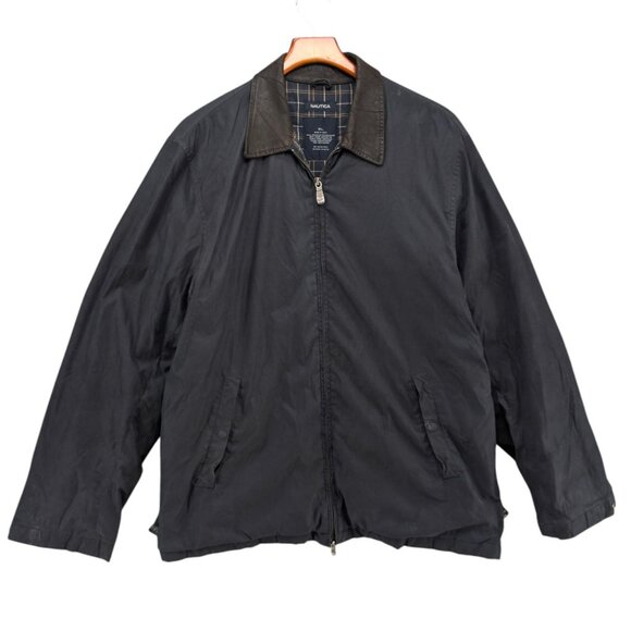 Vtg Nautica Jacket Mens Navy Blue Full Zip Leather Collar Pockets Size XL - Picture 1 of 12